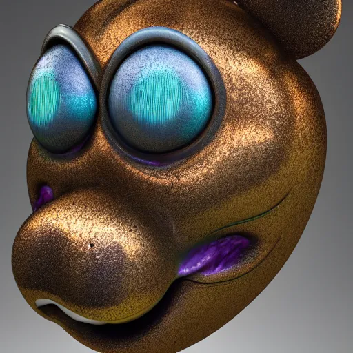 Image similar to counterfeit mickey mouse head, fractal, broken, psychedelic, wet, mycelium, radiant alien, rococo, baroque, automotive, bio-mechanical, porcelain, iridescent, sub surface scattering, octane render