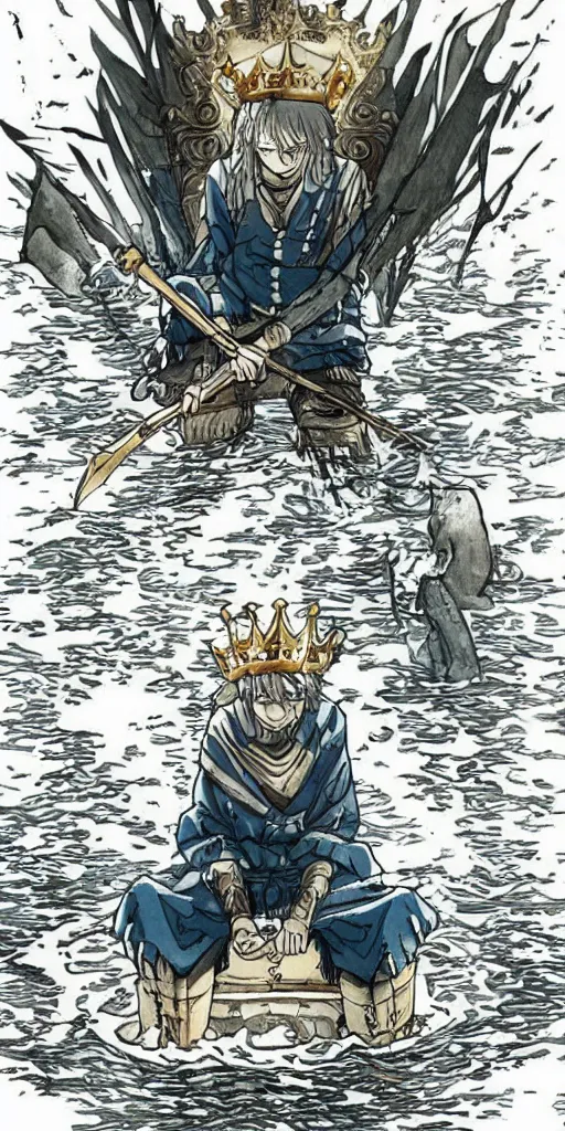 Image similar to a lone king sitting on a throne floating on water in the middle of a lake drawn by Makoto Yukimura in the style of Vinland saga anime, full color