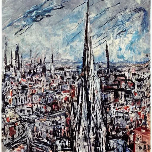 Prompt: A beautiful print of a cityscape with tall spires and delicate bridges. grey by Jackson Pollock angular