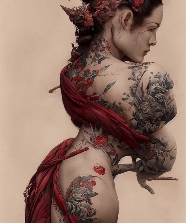 Prompt: ultra realistic illustration, beautiful woman dressed in a crimson kimono, backview, tattoos, in the style of peter mohrbacher by weta digital and beth cavener, high face symmetry, intricate, masterpiece, award winning, high face symmetry, intricate
