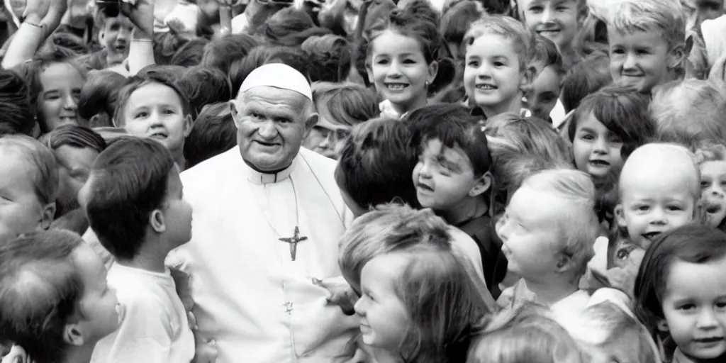 Image similar to John Paul II with a smirk on his face surrounded by children