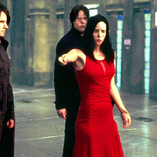 Prompt: film still of Fiona Johnson wearing a red dress in the movie the matrix