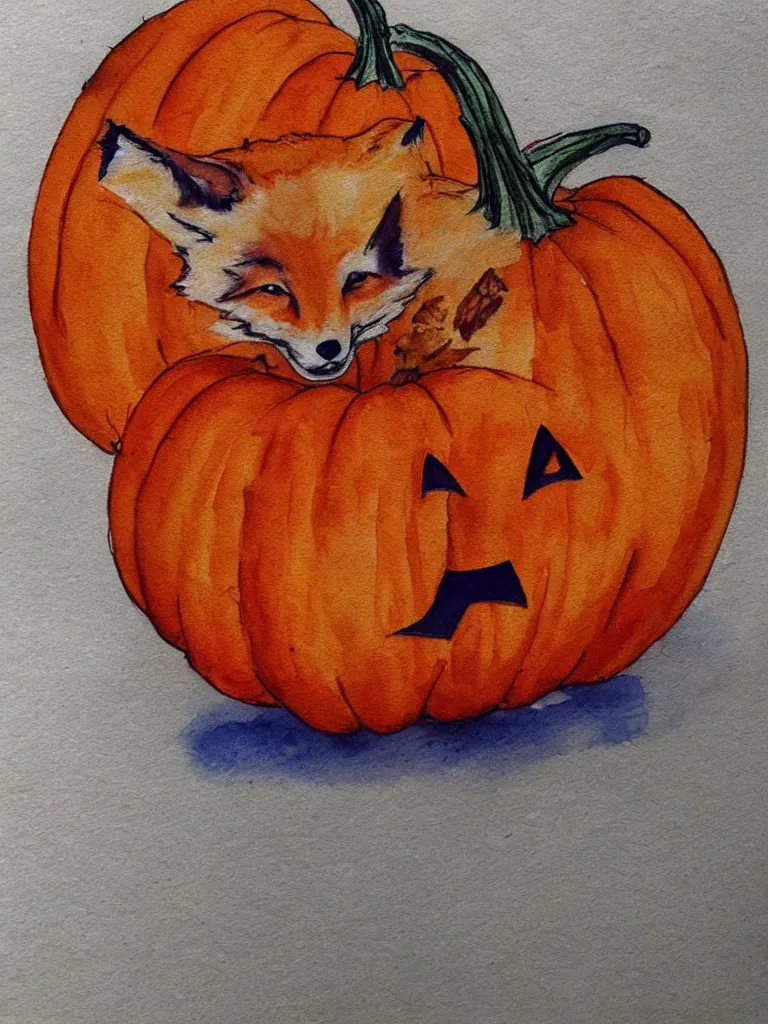 Image similar to autumn fox pumpkin watercolor by arti chauhan trending on artstation