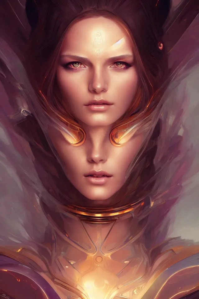 Image similar to futuristic woman portrait, sci-fi, amber eyes, face, long hair, fantasy, intricate, elegant, highly detailed, digital painting, artstation, concept art, smooth, sharp focus, illustration, art by artgerm and greg rutkowski and alphonse mucha