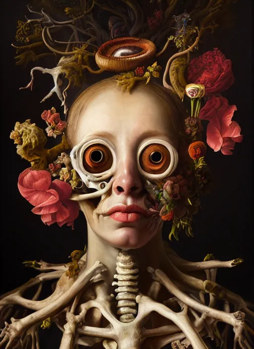 Image similar to strange, looming head, biomorphic painting of a woman with large eyes, wearing a crown of flowers and bones, deep rich colours by, rachel ruysch, and charlie immer, highly detailed, emotionally evoking, head in focus, volumetric lighting, oil painting, timeless disturbing masterpiece