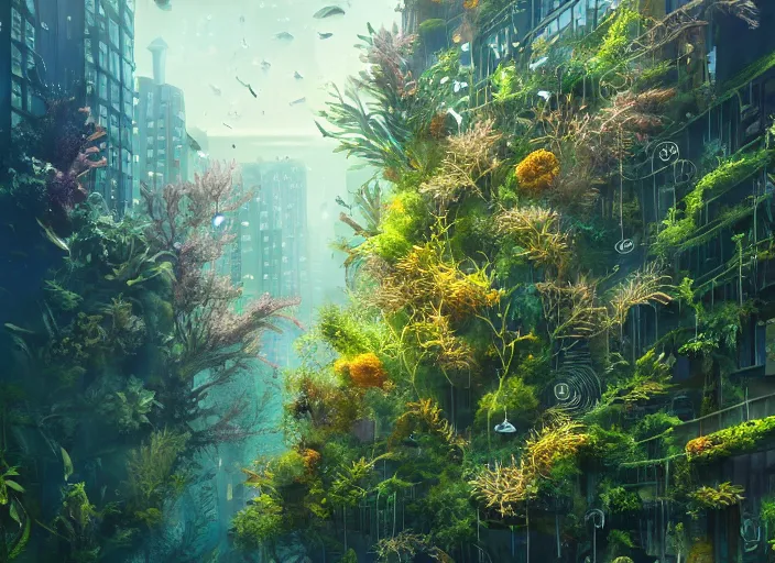 Image similar to overgrown foliage overtaking tall buildings, underwater environment, storefronts, coral, scenery, professional, award - winning, trending on artstation, hyper detailed, realistic, beautiful, emotional, shiny, golden, picture