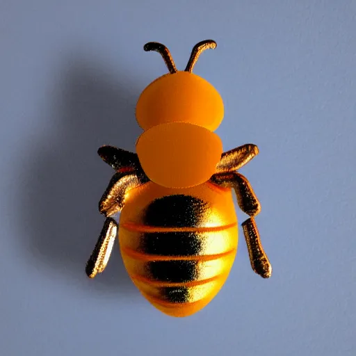 Image similar to 3D bee made of metal, shiny, with orange background