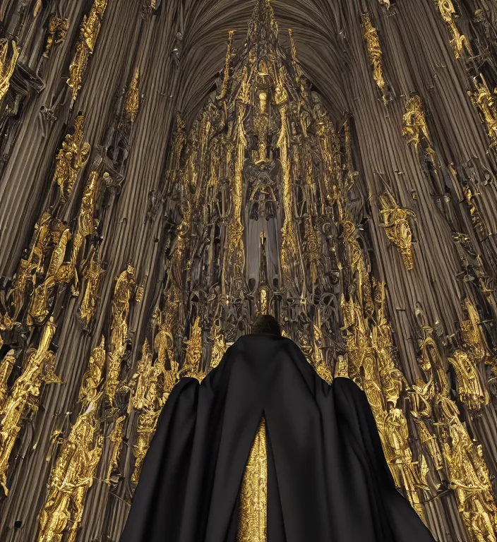 Image similar to full length picture angel wearing black robe with gold wings in an elaborate cathedral, sharp focus, DOF, unreal engine, 8k, ultra detailed, photorealistic + sigma 105mm f2.8 macro