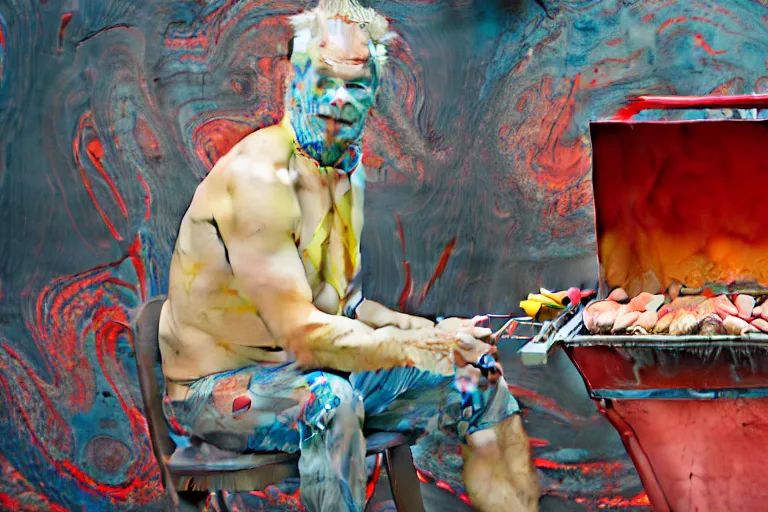 Prompt: portrait of a morphed painter sitting in a chair at a bbq grill tending to meat, art by james jean and luc tuymans and vincent lefevre and hernan bas and pat steir and hilma af klint, psychological, dripping paint, high quality render, cg society contest winner, retrofuturism, masterpiece