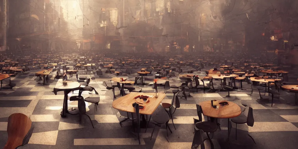 Image similar to Fast food place labyrinth, endless, tables and chairs scattered, 4k, cozy wallpaper, trending on Artstation, award-winning, art by Greg Rutkowski