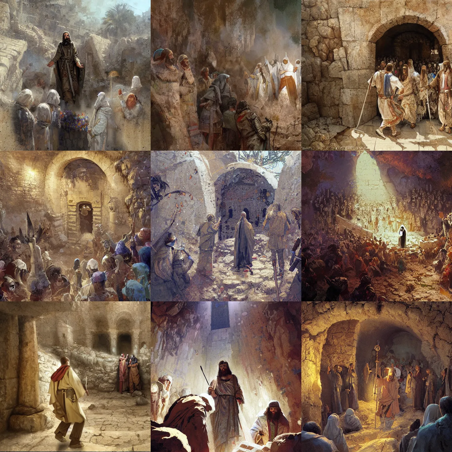 Prompt: john oliver reporting live from the tomb of the resurrection of jesus, by craig mullins, james jean, mattias adolfsson, manga painting