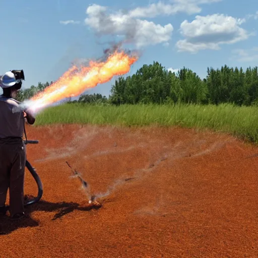 Prompt: firing a flamethrower on an anthill