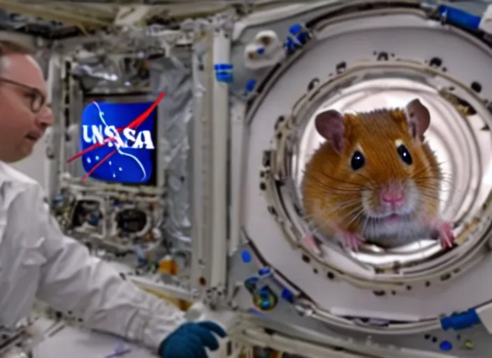 Image similar to film still of a hamster working for mission control at nasa, 8 k