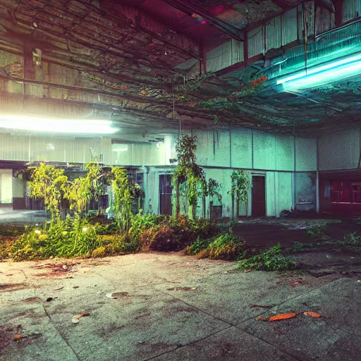 Prompt: a indoor abandoned parking lot with overgrown plants, neon, cyberpunk, art by Simon Stalenhag, cinematic, 4k