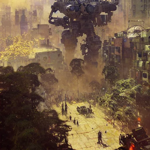 Image similar to six meters tall mech fighting in an urban environment, epic action scene, by gaston bussiere craig mullins jc leyendecker gustav klimt artgerm greg rutkowski john berkey, bergey, craig mullins, ruan jia, raymond swanland, jeremy mann, tom lovell, alex malveda, shadow ray casting, bump mapping