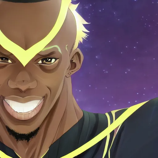 Image similar to portrait of usain bolt the incarnation of hermes, anime fantasy illustration by tomoyuki yamasaki, kyoto studio, madhouse, ufotable, square enix, cinematic lighting, trending on artstation