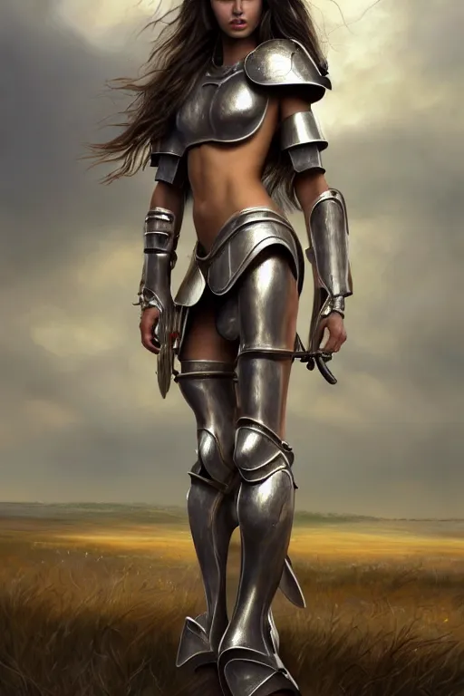 Image similar to a photorealistically painted portrait of an attractive young girl, partially clothed in metal-plated battle armor, standing in front of a vast landscape, flawless olive skin, fair complexion, long dark hair, beautiful bone structure, perfectly symmetric facial features, perfect photorealistic eyes, natural physique, intricate, elegant, digital painting, concept art, finely detailed, beautifully illustrated, sharp focus, minimal artifacts, volumetric lighting, from Metal Gear, by Ruan Jia and Mandy Jurgens and Artgerm and William-Adolphe Bouguerea, in the style of Greg Rutkowski, trending on Artstation, award winning art