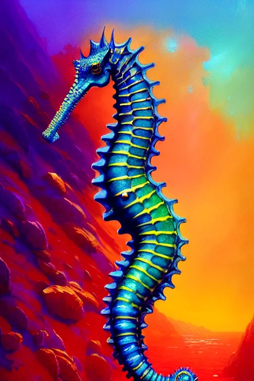 Image similar to highly detailed portrait of rainbow - colored seahorse, stephen bliss, unreal engine, fantasy art by greg rutkowski, rhads, ferdinand knab, makoto shinkai and lois van baarle, ilya kuvshinov, rossdraws, tom bagshaw, global illumination, radiant light, yellow blue theme, coral reef