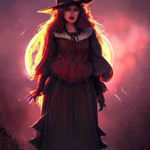 Image similar to a beautiful female witch of the bloodmoon character, character is in all its glory, full body shot, rim lights, particles and dust in the air, fancy clouds, highly detailed professional photo, dynamic lights, particles are flying, depth of field, trending on artstation, professional illustration, hyper realistic, super detailed, colorful accents, cinematic shot