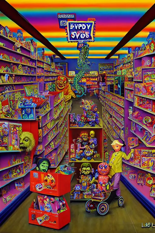 Prompt: a hyperrealistic painting of a toy store full of evil possessed toys retail horror, cinematic horror by chris cunningham, lisa frank, richard corben, highly detailed, vivid color,