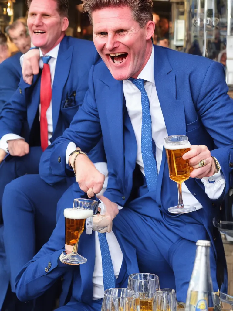 Image similar to Sir Kier Starmer wearing a blue suit laughing and drinking a big pint of lager