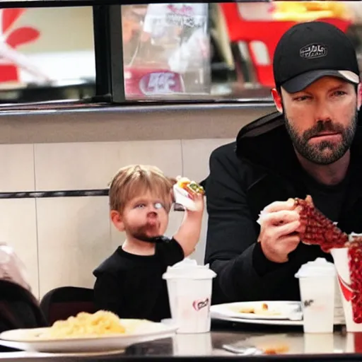 Prompt: A photo of Ben Affleck's Batman eating at KFC. Extremely detailed. Beautiful. 4K. Award-winning