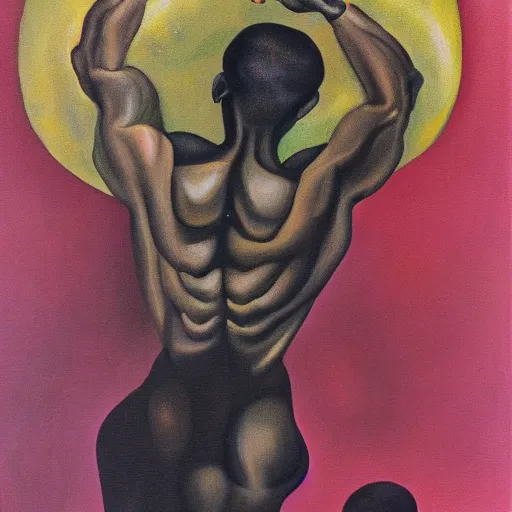 Image similar to a surrealist oil painting of a black man depicted as atlas, struggling to continue carrying the weight of the world, in the style of jean - marquett