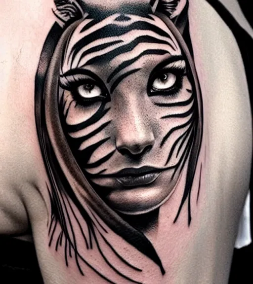 Image similar to tattoo design of a beautiful girl warrior under a tiger head, hyper realistic, realism tattoo, by eliot kohek, beautiful eyes, realistic face, black and white, white background