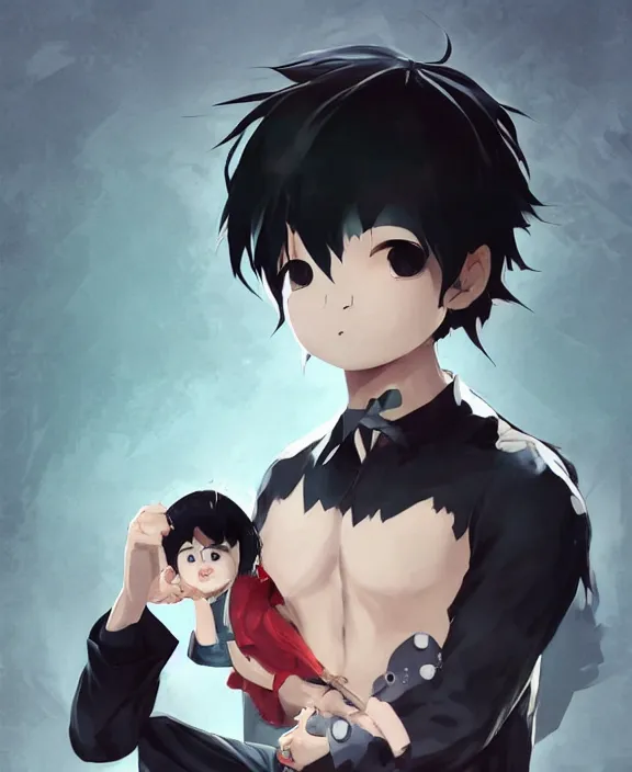Prompt: cute little boy with black hair anime character inspired by jason voorhees, art by rossdraws, wlop, ilya kuvshinov, artgem lau, sakimichan, jakub rebelka and makoto shinkai, anatomically correct, extremely coherent, highly detailed, sharp focus, slasher movies, smooth, very realistic, symmetrical