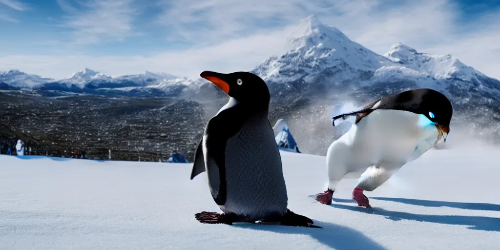 Image similar to ultrawide angle, high speed sporting photography of a penguin on a snowboard. extremely detailed, 8 k