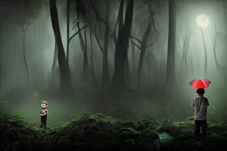 Image similar to boy in a conversation with a macabre soul looking like a ghost in the middle of a rain forest at night, realistic, obscure, dramatic scene, matte painting