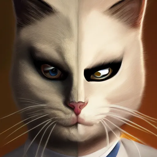 Image similar to graphic, hyperreal, portraiture illustration of a anthropomorphic handsome ragdoll cat wearing a joker mask and holding a blake, digital painting, trending on artstation