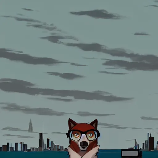 Prompt: an anthropomorphic bipedal furry wolf technician fursona wearing headphones and glasses standing in front of a coastal skyline, 4k character digital art, trending on furaffinity