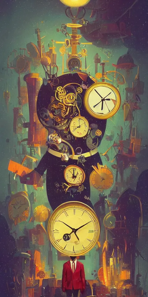 Image similar to a man in a business suit with a clock head, clock face, beautiful composition, symmetric, by paul lehr and cory loftis, masterpiece