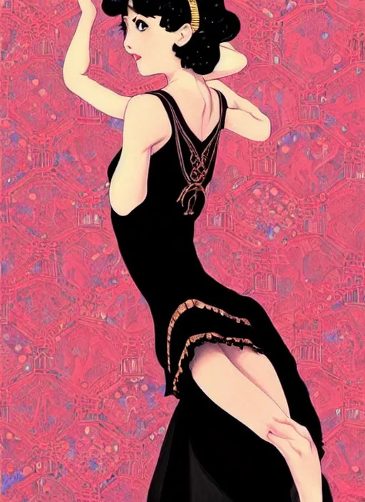 Image similar to a beautiful dancer with black hair in 1920's fashion, ballroom background, intricate, highly detailed, digital painting, artstation, official media, anime key visual, concept art, rich vivid colors, ambient lighting, sharp focus, illustration, art by Artgerm, Makoto Shinkai, Ilya Kuvshinov, Lois Van Baarle, and Rossdraws