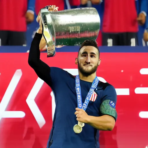 Image similar to high quality front picture of koke resurreccion lifting the champions league throphy with at madrid