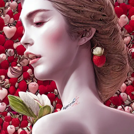 Image similar to the portrait of an absurdly beautiful, graceful, elegant, sophisticated, fashionable woman made of strawberries and white petals looking down, an ultrafine hyperdetailed illustration by kim jung gi, irakli nadar, intricate linework, bright colors, octopath traveler, final fantasy, unreal engine 5 highly rendered, global illumination, radiant light, detailed and intricate environment