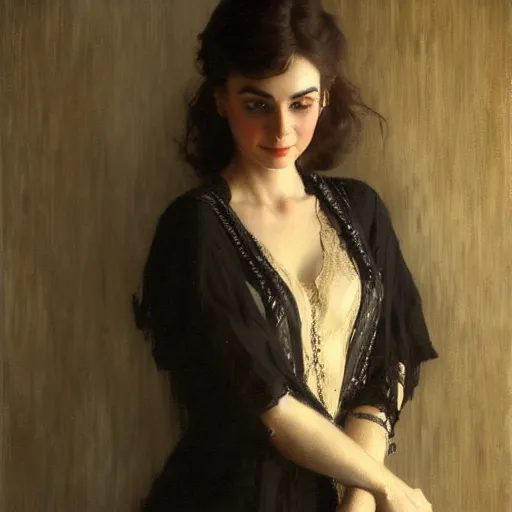 Image similar to detailed portrait of lilly collins in black clothes, spring light, painting by gaston bussiere, craig mullins, j. c. leyendecker