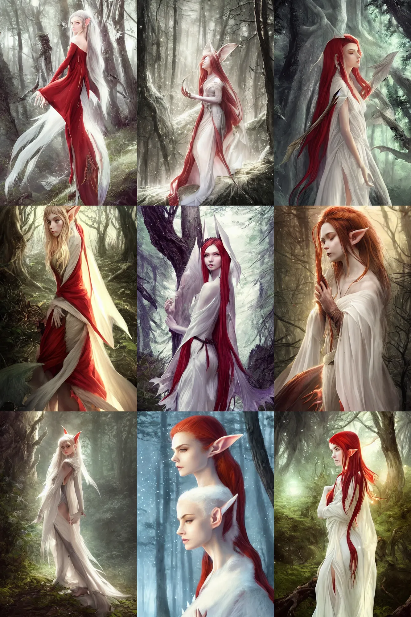 Prompt: side portrait high-fantasy elf girl with detailed pointed sharp long ears wearing translucent off-white gown and cloak, fantasy forest landscape, moonshine, fantasy magic, feathery red hair, dark light night, intricate, elegant, sharp focus, illustration, highly detailed, digital painting, concept art, matte, art by WLOP and Artgerm and Greg Rutkowski and Alphonse Mucha, masterpiece