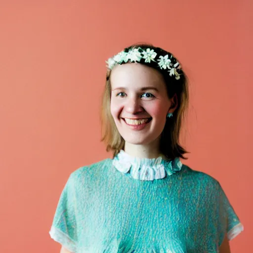 Prompt: a photograph of beautiful nordic woman, wistful smile, wearing a white folkdrakt dress, she has a summer flower headband. against a teal studio backdrop. strong kodak portra 4 0 0 film look. film grain. cinematic. in - focus