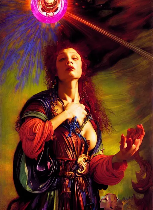 Image similar to wizard casting acid splash, dnd character art portrait, dramatic lighting, vivid colors by edgar maxence and caravaggio and michael whelan and delacroix.