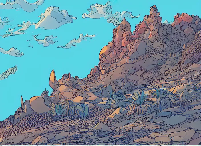 Prompt: An illustration of Gran Canaria at the style of Moebius