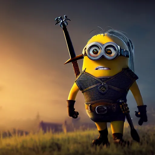 Prompt: an epic painting of minion looking as witcher, yellow dude, witcher 3, fantasy, concept art, smooth, sharp focus, illustration, artstation trending, octane render, unreal engine