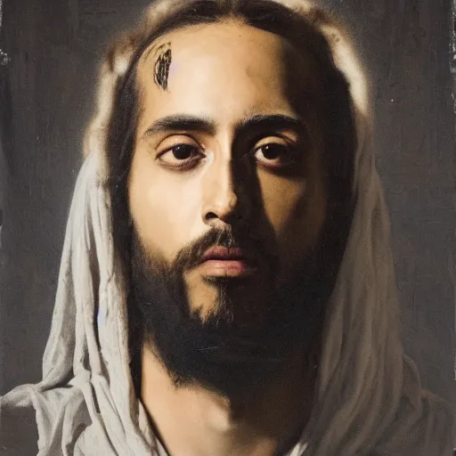 Image similar to a portrait of jesus wearing virgil abloh and jerry lorenzo streetwear by nicola samori, oil painting, realistic, 8 k, fear of god style