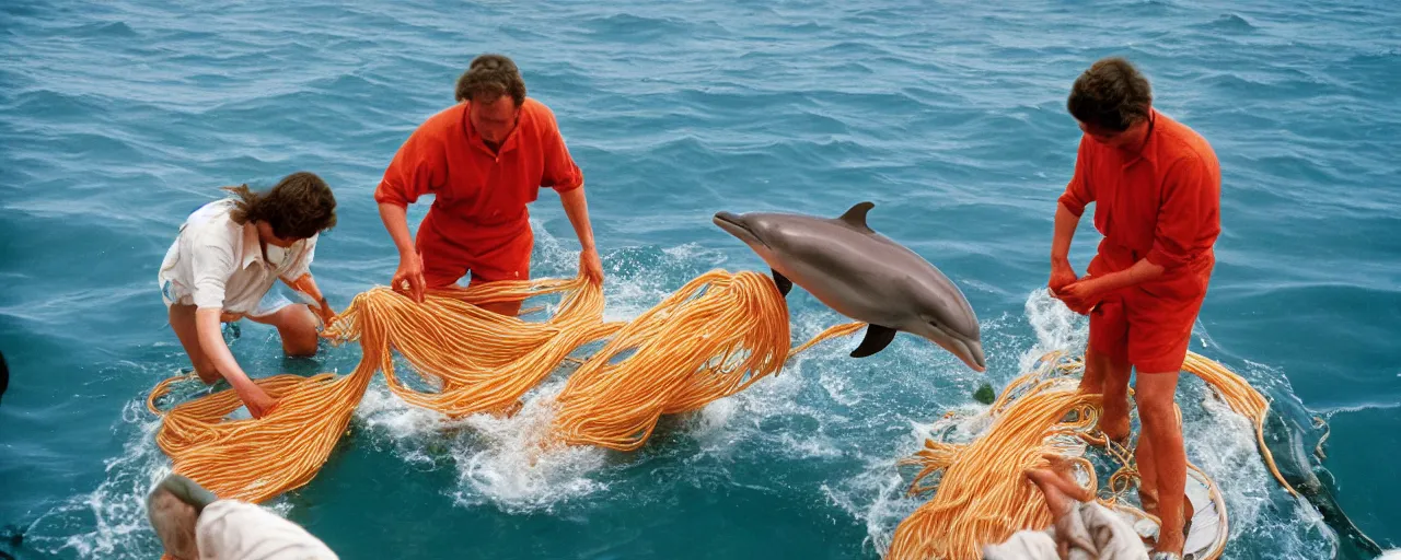 Image similar to dolphins receiving spaghetti from humans from a boat, ocean,, small details, intricate, sharply focused, canon 5 0 mm, wes anderson film, kodachrome