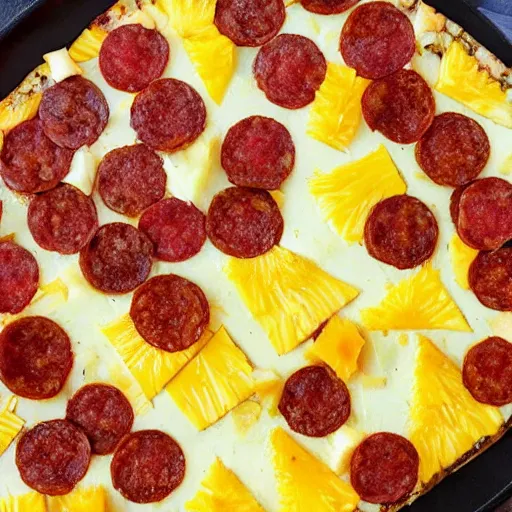 Prompt: a giant slice of pineapple on a pan, covered in pizza toppings, pepperoni, sausages and cheese