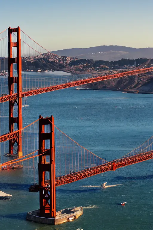 Image similar to a space ship emerging from beneath the San Francisco Bay, Golden Gate Bridge in background