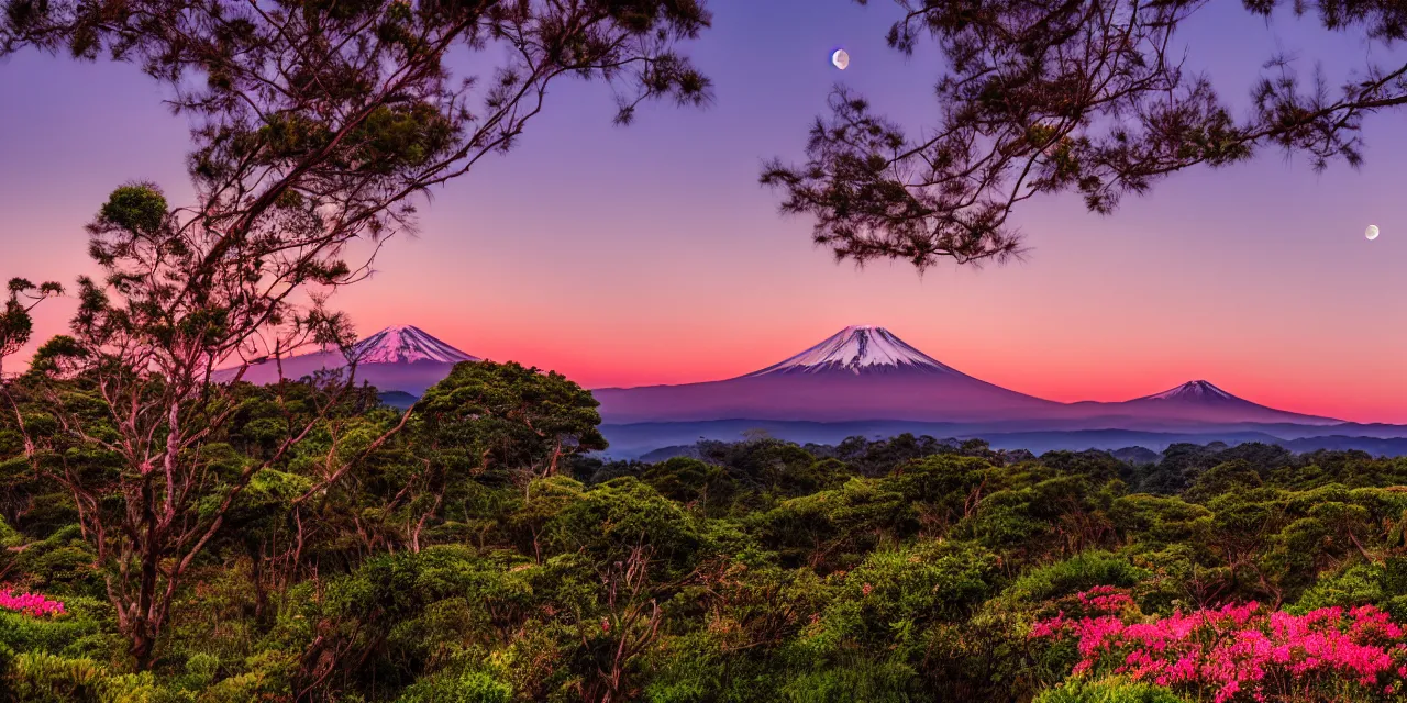 Prompt: pink sunset mt fuji, eucalyptus trees, tropical forest in the background with mountains, hilly meadows with flowers, the moon in the sky, cinematic lighting, hd 4k photo