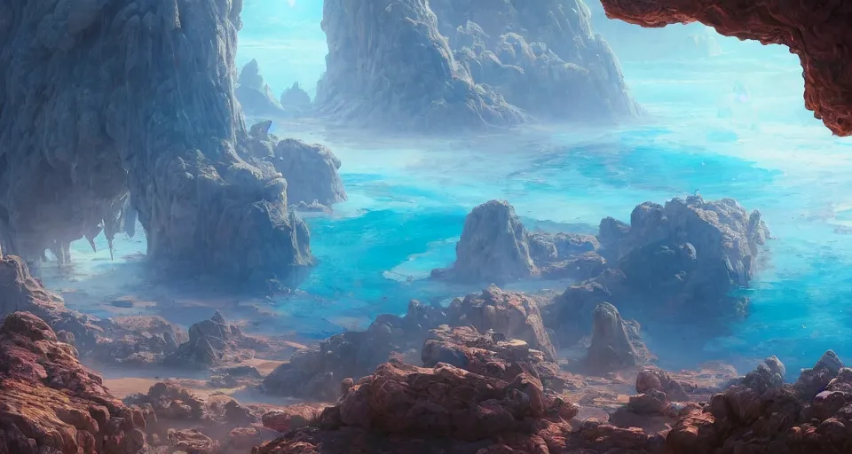 Prompt: a beautiful desert oasis!!!! with crystal clear water with a planet - sized humanoid monster!!!! looking down from the sky, by wlop and peter mohrbacher, extremely detailed shading, concept art, digital painting, trending on artstation, unreal engine 5, octane render, atmosphere, glow, cinematic lighting, full of color