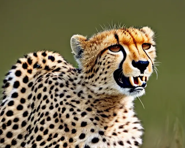 Image similar to cheetah laughing in the savannah, close up, nature shot